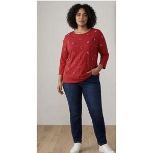 Ribbon Trimmed Patriotic Round Neck Top 2X Red White Blue Summer 4th of July